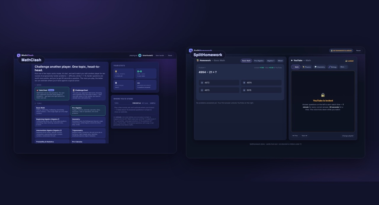 MathClash and SplitHomework — two self-built educational web apps shown side by side