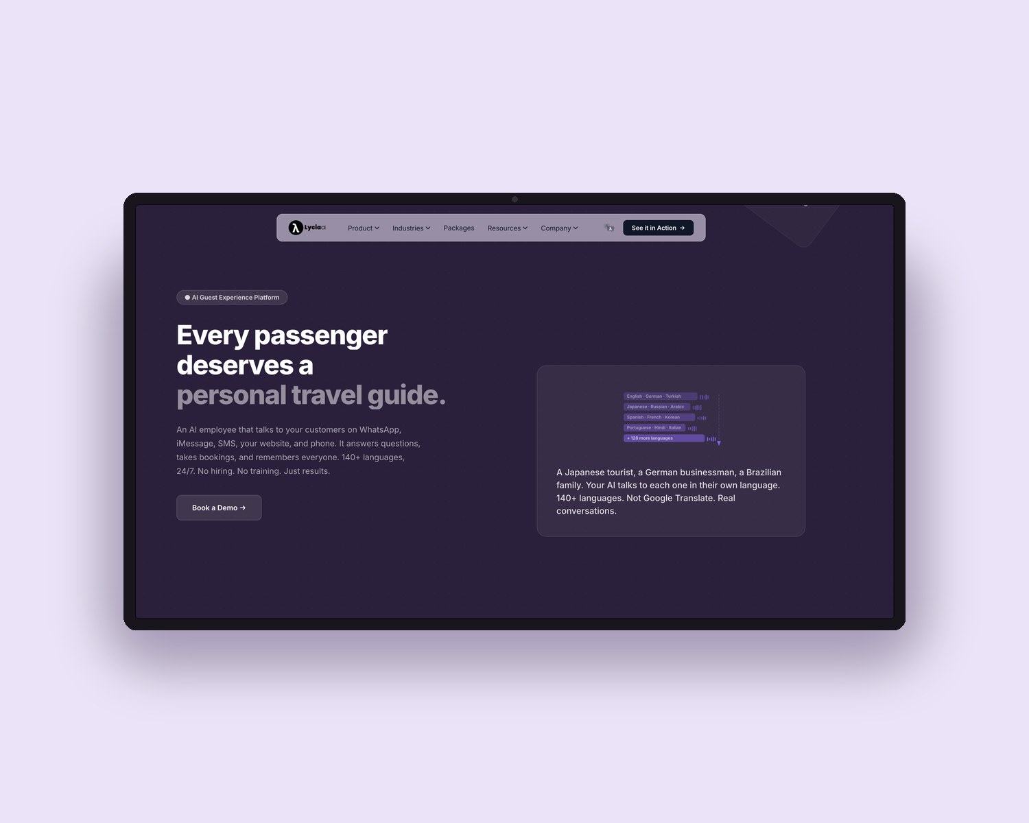 Lycia AI guest-experience platform — desktop hero shown on a MacBook display