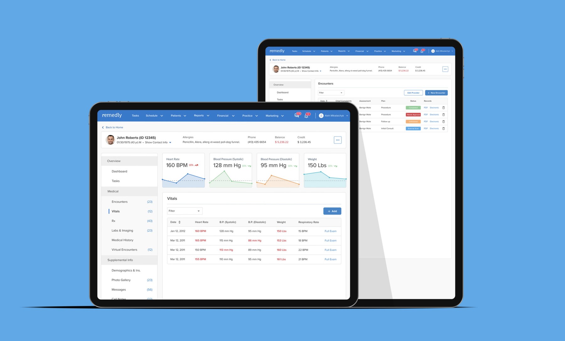 Remedly EHR — patient overview shown on two tablets