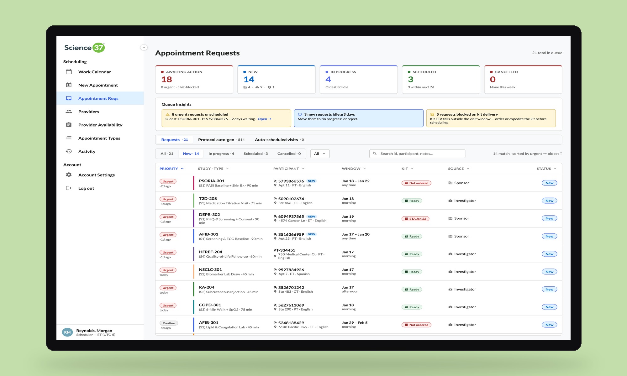 Science 37 Visit Operations Platform — Appointment Requests queue shown on a MacBook